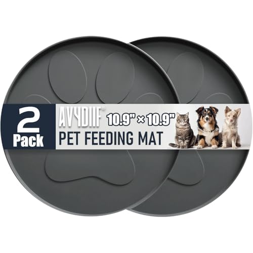 AVYDIIF 2 Pack Pet Feeding Mats, Waterproof Anti-Slip Placemats for Dog Cat Bowl, Silicone Pet Food Mat, Raised Edge Prevent Spills on Floor & Carpet, Dishwasher Safe, 10.9 × 10.9 (Big Paw, 2 Grey)