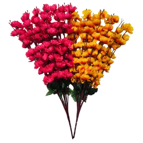 Sheux Artificial Cherry Blossom Combo (Dark Pink & Yellow) | Realistic Silk Flowers for Home Decor | Wedding & Event Decoration | Gifting Flower Bouquet | Artificial Plant for Decoration | Pack of 2