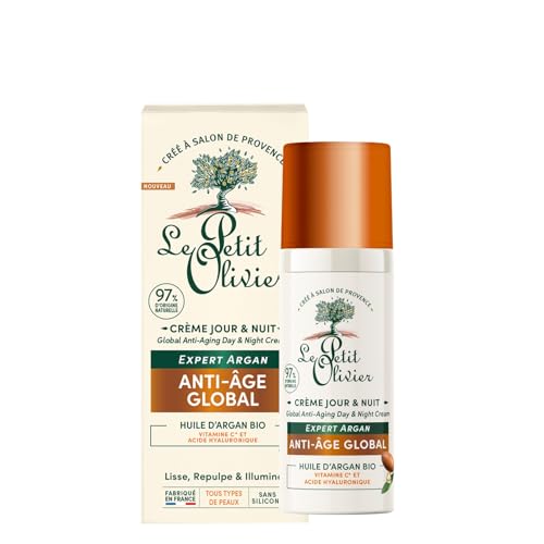LE PETIT OLIVIER - Crème Jour & Nuit Anti-Âge - Huile d'Argan, Vitamine C & Acide Hyaluronique - Lisse Repulpe & Illumine - Tous Types de Peaux - 97% d'Origine Naturelle - Fabriqué en France - 50 ml