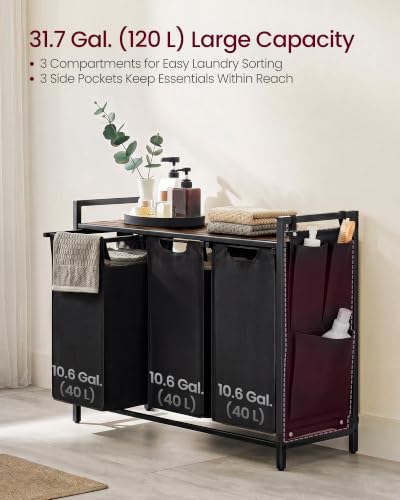 Image of VASAGLE Laundry Hamper with Shelf, 3 Pull-Out Bags, 3 x 10.6 Gallons (40 L)
