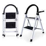 Escalera Plegable de 2, 3 y 4 Peldaños con Soporte Adicional y Mango Antideslizante | Ladder Multifuncional Antideslizante | Ligera, portátil y Segura para Todo Tipo de Tareas (2 Peldaños)