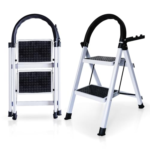 Escalera Plegable de 2, 3 y 4 Peldaños con Soporte Adicional y Mango Antideslizante | Ladder Multifuncional Antideslizante | Ligera, portátil y Segura para Todo Tipo de Tareas (2 Peldaños)
