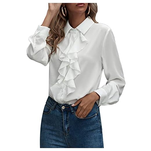 SheIn Women's Long Sleeve Button Down Lotus Ruffled Work Shirt Chiffon Blouse Tops White Large