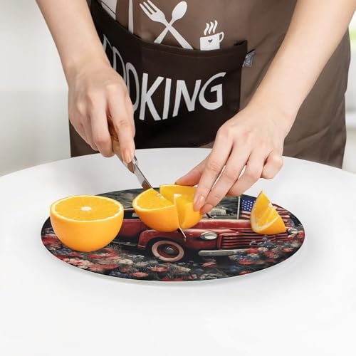 Tabla de cortar redonda patriótica del 4 de julio con camión antiguo rojo, de vidrio templado irrompible, 20 cm, no porosa, resistente al calor y a los arañazos, para preparación y servicio de alimentos miniatura 7