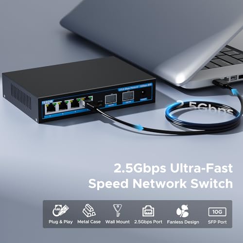 Image of Network Ethernet Switch,2.5 Gigabit Portable, Plug&Play,Fanless Housing,Black, for Home /Office,4*2.5G with 2*10G SFP