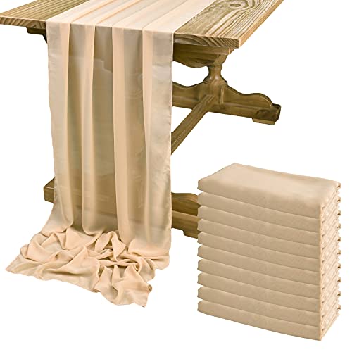 DOLOPL 10PCS Champagne Chiffon Table Runner 10ft Wedding Table Runner,29x120 Gauze Table Runner,Rustic Sheer Table Decor for Romantic Bridal Shower, Baby Shower, Birthday Party Cake Table