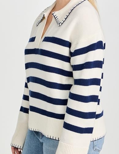 Image of Kedera Women's Casual Striped Pullover Sweater Long Sleeve Polo V Neck Lightweight Loose Fit Knit Jumper Tops, Small