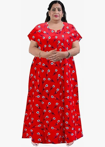 Image of OFEEFAN Women's Printed Cotton Floral Maxi Nighty - Round Neck, Full Length Nightwear Gown, Plus Size Nightdress | Combo of 2 Comfortable Sleepwear
