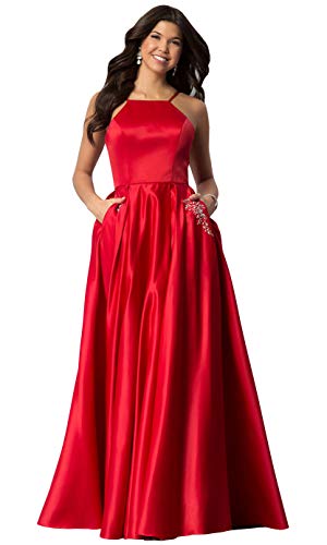 Red Prom Dresses for Teens Long Ball Gown with Pockets A Line Beaded Spaghetti Strap Satin Evening Formal Dress US2