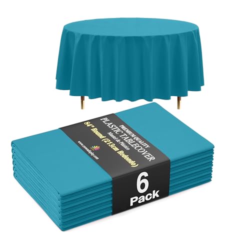 Nappe ronde turquoise premium Exquisite 66% plus épaisse 0,5 mil - Lot de 6 - En plastique - Jetable - Nappe ronde de 213 cm - Ne se déchire pas facilement...