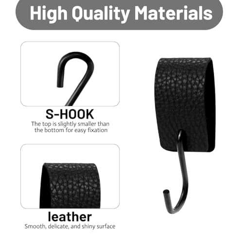 6 Stück S Haken Schwarz mit Lederschlaufe, Haken Zum Einhängen Haken Garderobenhaken Kleiderhaken Metallhaken für Garderobe Kleiderstange Stange Küche Badezimmer