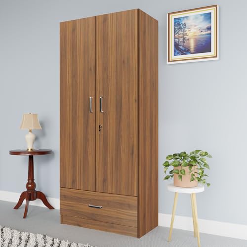 Image of VIKI Wardrobe |Wooden Almirah for 2 Door Wardrobe with 1 Drawer & Hanging Space (Brussel Walnut - 40D x 80W x 180.8H) | 1 Year Warranty | Free Assembly