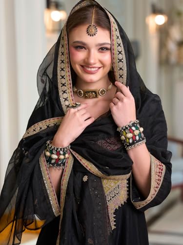 Image of INDO ERA Women's Silk Blend Ethnic Motifs Embroidered A-Line Kurta & Pant with Dupatta Set (IEOUT12371)
