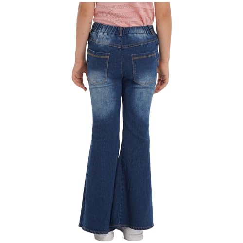 Kids Girls Vintage Elastic Waistband Ripped Denim Pants Washed Skinny Bell-Bottom Jeans with Pocket4