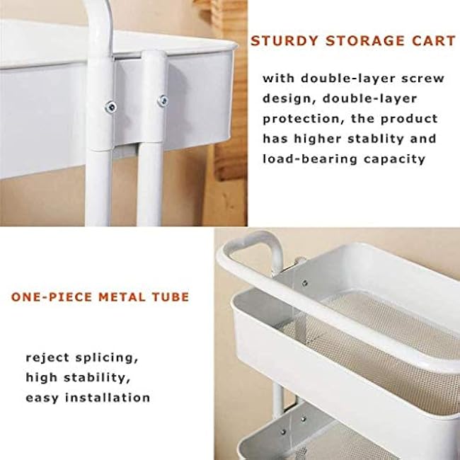 Kitchen Shelf Trolley Cart,Kitchen Trolley On Wheels 3 Tier Basket Rolling Cart 132 Lbs Capacity Storage Rack,42.5Cml X 34Cmw X 82Cmh-GPZQgvKu