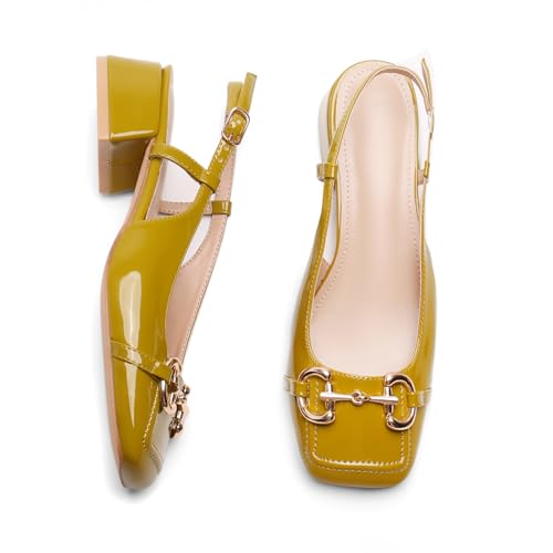 Image of Slingback Mary Jane Heels for Women Low Block Heel Closed Square Toe Pump Shoes Heels Classic Daily Office Dressy Shoes