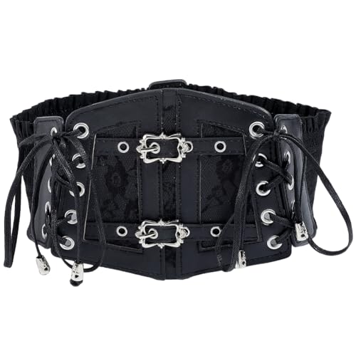 Black Faux Leather Waist Corset Belt Wide Vintage Medieval Around Obi Trendy Elastic Lace Up Waistband Belts with Alloy Buckle Loosens Bulk for Women Dress Shirts Clothes Costume Accessories