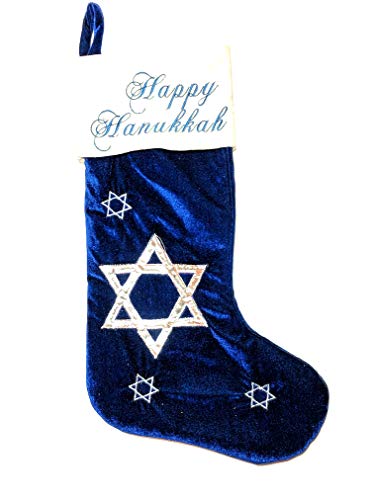 Nantucket Home Happy Hanukkah Stocking â€“ Blue Velvet with Embroidery and Applique
