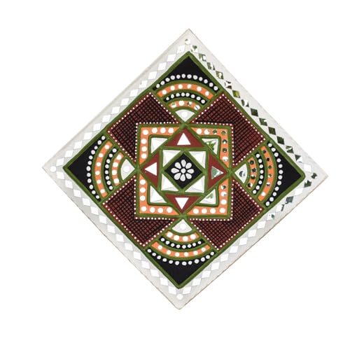Image of Ethnics of Kutch Traditional Kutch Handicraft Mud-Mirrorwork Lippan Kam Wall Art (Water and Break Resistant) - Square (12 inch x 12 inch) - (White - LKT-0229)