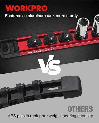 Image of WORKPRO Magnetic Socket Organizer, 3 /8 inch Drive Aluminum Alloy Socket Holder with 10PC Removable Clips for Quick Customization, Sockets Rail for Tool Box Drawer (Sockets Not Included)