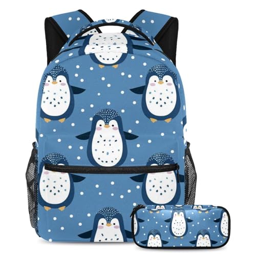 Sac à dos bleu pingouin des neiges grand cartable scolaire avec trousse pour adolescents