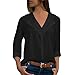Camisa Mujeres Manga Larga con Cuello En V Camisa Color Sólido con Volantes Hombro Blusa Elegante Mujeres Negocios Casual Transpirable Cómodo Tops Mujeres Regular Fit D-Black S