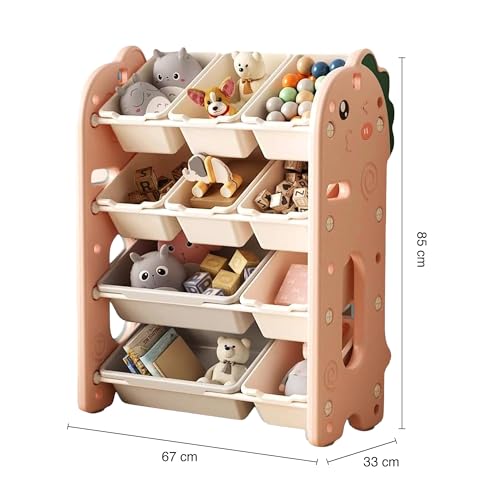 Image of oddpod Dino Kids Toy Organizer Storage Racks with Bins, Cute Cartoon Montessori Plastic Bookshelf for Children & Bedroom Shelf for Baby Hardline Toys, Books, Clothes & Games - Pink (8+2 Bins)