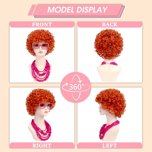 Image of Women Roper Curly Orange Red Cosplay Wig with Necklace Earrings and Sunglasses for Women Hallween Costume Wig