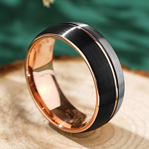 THREE KEYS JEWELRY 8mm Tungsten Carbide Wedding Ring Thin Side Rose Gold Line Band Brown Silver Brushed3