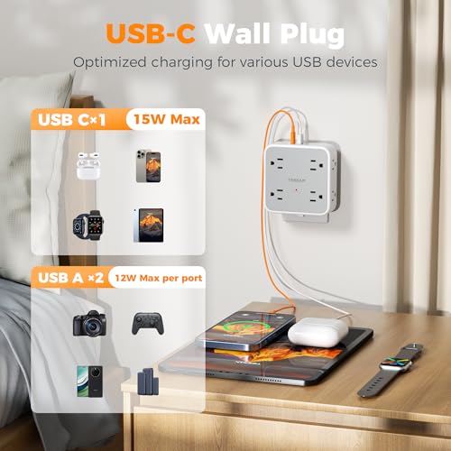 Multi Plug Outlet Extender, TESSAN 900J Surge Protector Plug Extension Block, 8 Outlet Splitter with 3 USB Ports (1 USB C), Electrical Socket for Home Office Dorm Room Essentials,  image 6