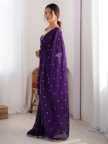 Image of AKHILAM Women's Pure Georgette Embroidered Saree With Unstitched Blouse Piece
