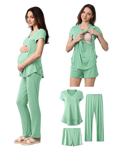 Image of SUNNYBUY 3 PCS Maternity Breastfeeding Pajamas Set, Hidden Nursing Tops, Adjustable Pregnancy Shorts & Pants Postpartum PJS