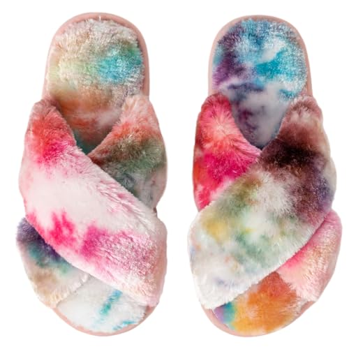 Women's Cross Band Fuzzy Slippers Fluffy Open Toe House Slippers