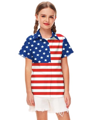 Image of Remimi Unisex Kids 4th of July Button Up Shirt Boys American Flag Print Hawaiian Beach Short Sleeve Tops 5-14 Years