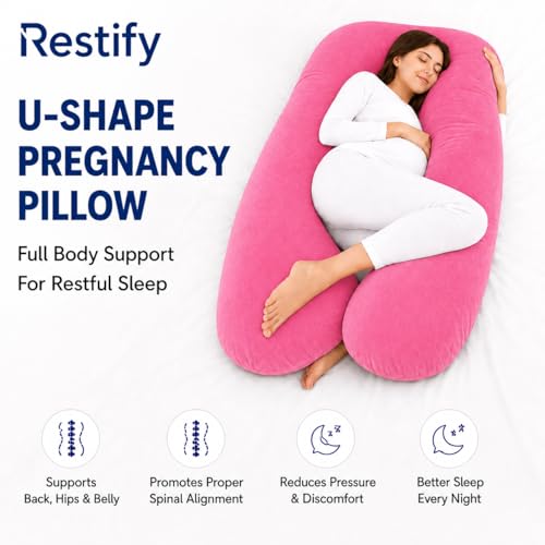 Image of Restify U-Shape Pregnancy Pillow for Women Sleeping | Full Body Maternity Pillow for Back, Hips, Legs & Belly Support | Removable & Washable Velvet Cover | Pink