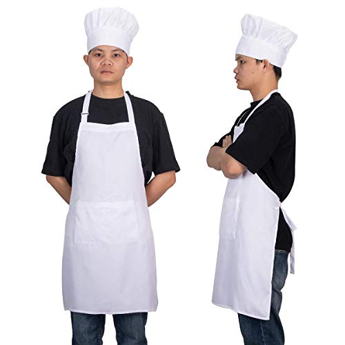 Homsolver Adjustable Bib Chef Apron Set, Chef Hat and Kitchen Apron Adult White Apron with Butcher Hat for Men & Women, White