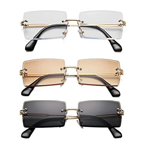 Hycredi Rectangle Rimless Sunglasses Women Men, Square Frame 2000s Eyewear | Trendy…