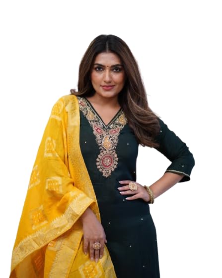 tozri Women's Cotton Kurta Set with Embroidered V-Neck, Dark Green Suit with Yellow Dupatta, 3-Piece Ethnic Wear-picture-52