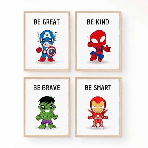 Arte de pared de superhéroes para niños, juego de 4 impresiones con afirmaciones positivas, sé amable, sé valiente, sé inteligente, sé tú, decoración de sala de juegos y decoración de superhéroes (A4) | Ya disponible en tu tienda friki favorita! En mundofriki.es!