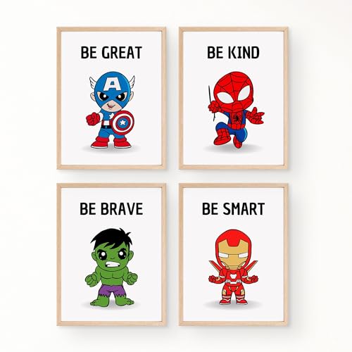 Décoration murale de super-héros pour garçons – Lot de 4 impressions avec affirmations positives – Be Kind, Be Brave, Be Smart, Be You – Décoration...