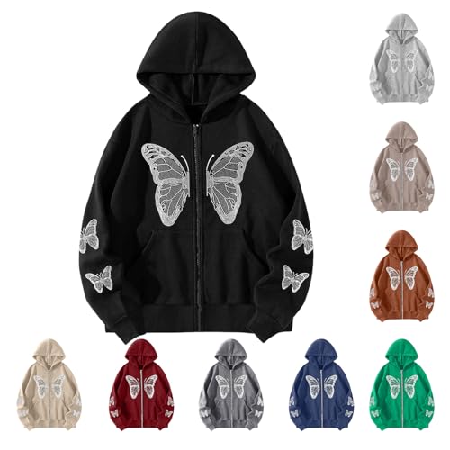 Men's Women's Zipper Connecting Gothic Butterfly Oversized Graphic Sweatshirt Vintage Baggy Grunge Aesthetic Jackets