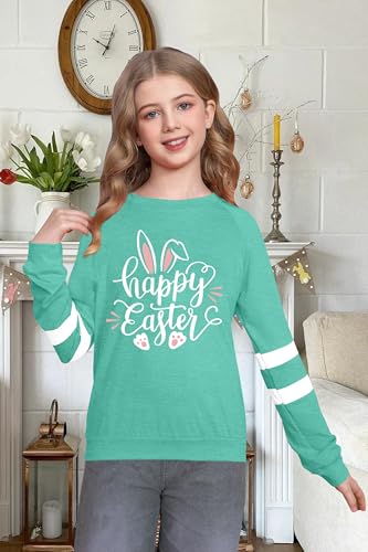 Image of LAZYCHILD Kids Easter Shirt Girls Happy Easter Shirts Rabbit Graphic Long Sleeve Striped Tee Tops 5-14 Years