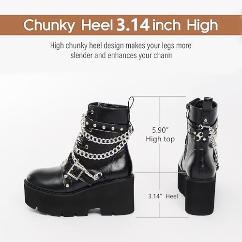 Women's Fashion Goth Boots,Black Chunky Platform Combat Ankle Booties Zipper Punk Boots Mid Calf Boots for Women2