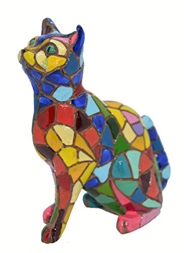 Figurine chat mosaïque multicolore 11cm statuette résine décoration maison