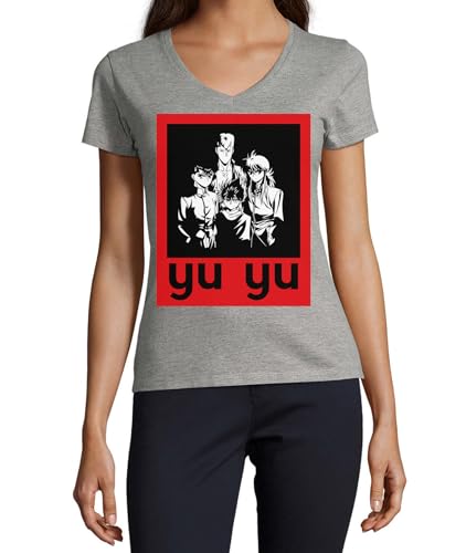 T-shirt à col en V gris en coton pour femme coupe ajustée Anime 60