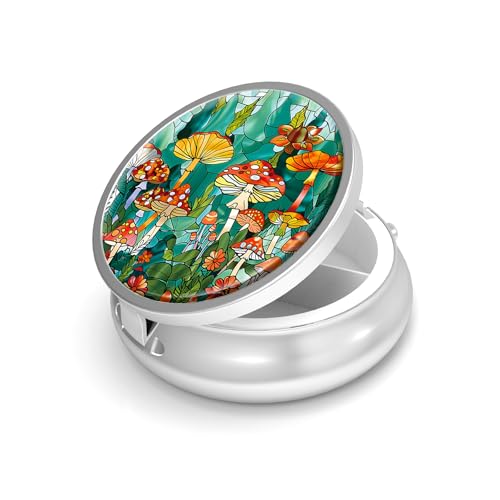 Image of Pill Box-3 Compartment Small Pill Case for Purse & Pocket Mini Metal Pill Holder Travel Pill Container to Hold Supplements Vitamins BPA-Free (Mushroom Forest)