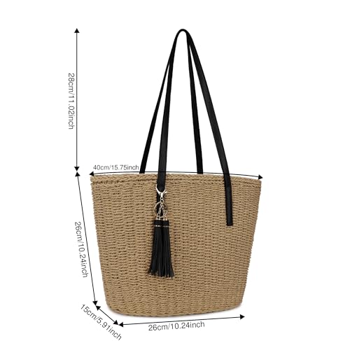 Image of Womens Large Straw Tote Bag Handmade Woven Shoulder Handbag Summer Beach Purse with Tassel