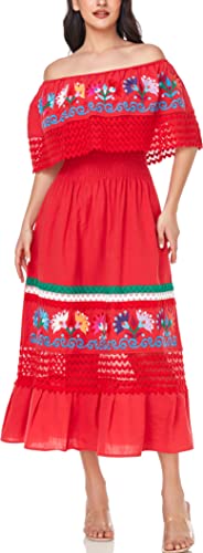 Image of YZXDORWJ Women Embroidered Mexican Peasant Casual Sexy Lace Off-Shoulder Long Dress