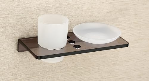 Image of HAPPI Unbreakable Acrylic Soap Dish with Glass Tumbler, Soap Stand, Soap Case, Soap Holder Stand Wall Mounted for Bathroom with Removable Drain Tray (Smoke Black)