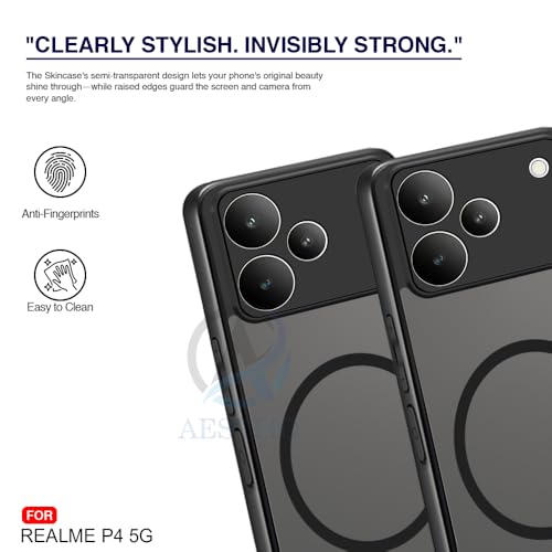 Image of AESTMO Realme P4 5G Back Cover | 360 Protection | Matte Frosted Hard Back Translucent | Compatible with MagSafe Accessories (MagSafe Matte Hard Black Bumber)